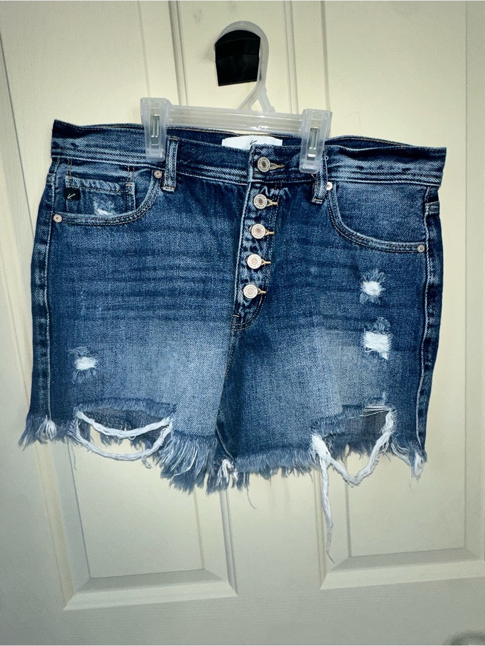 KanCan Distressed Button-Fly Denim Shorts - Blue Wash